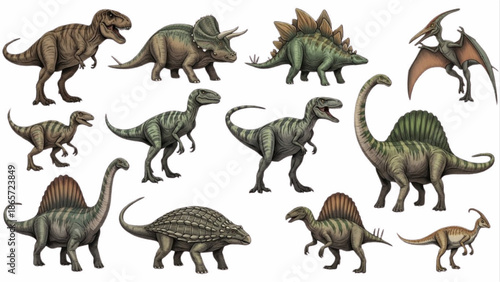Large Collection of 12 Detailed Dinosaur Illustrations including T-Rex, Triceratops, Stegosaurus, and Brachiosaurus for Educational and Creative Projects