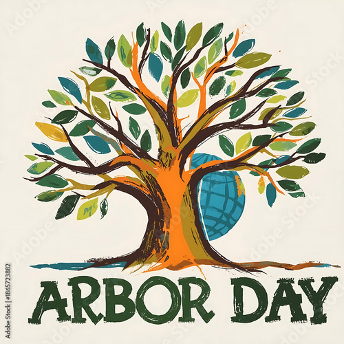 Abstract artwork featuring a tree and a globe for Arbor Day