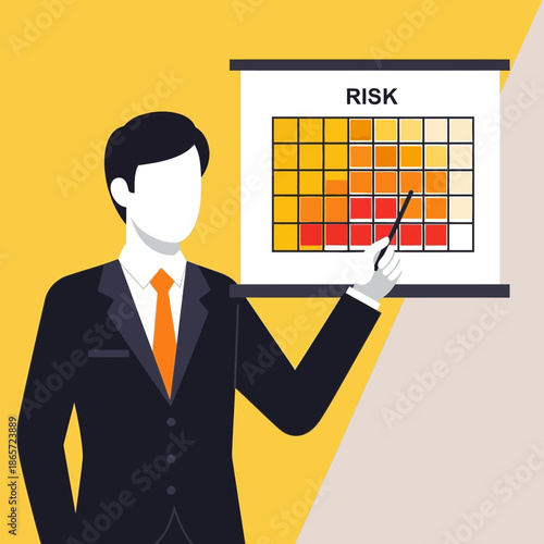 Businessman points to a risk assessment matrix heat map on a presentation screen during a critical corporate strategy review meeting.