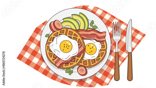 Healthy breakfast plate featuring waffles, sunny side up eggs, crispy bacon, avocado slices, and beans on a red checkered cloth.