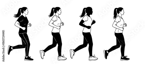 Series of illustrations depicting a woman running from different angles and styles