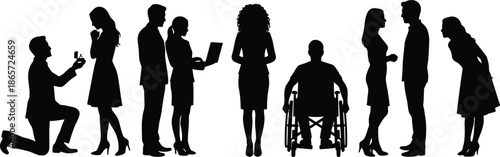 Business people silhouettes showing proposal, teamwork, communication, laptop work, discussion, diversity, and wheelchair inclusion in professional workplace concept