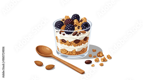 Delicious blackberry yogurt parfait in a glass with layers of granola and cream, served with raw almonds and a wooden spoon on white.