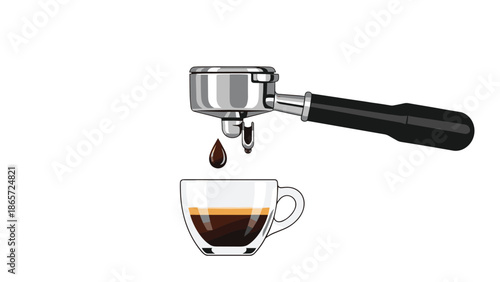 Close up of a single drop of espresso falling from a chrome portafilter handle into a clear glass cup on a minimal white background.