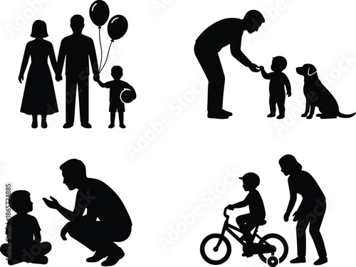 Family life silhouettes showing parents and children bonding, teaching, playing, walking dog, celebration, and childhood development moments together