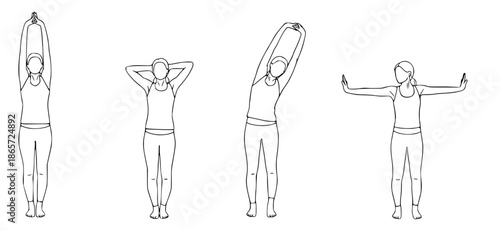 Illustration of four simple standing stretches for a person to perform, focusing on flexibility and mobility exercises