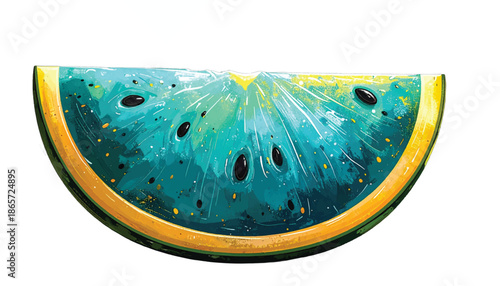 A vibrant slice of blue watermelon with black seeds.