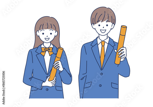 卒業証書を手に持っている学生の女の子と男の子__イラストセット