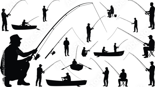 Fishing silhouettes collection featuring anglers casting rods from shore, boats, and sitting positions in diverse recreational sport fishing scenes