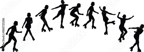 Roller skating silhouettes sequence showing female skater gliding, balancing, turning, and performing dynamic movements in active recreational sport illustration