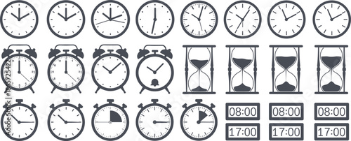 Collection of clocks and timekeeping devices in black and white 1