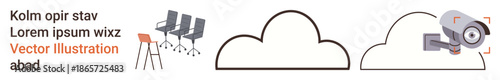 Technology, security, office design, cloud storage, surveillance, data management. Modern cloud icons, office chairs and a surveillance camera . Cloud computing and security