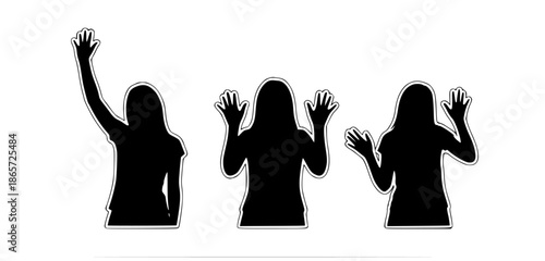 Silhouette illustration of three people raising their hands in the air, conveying a sense of excitement or participation