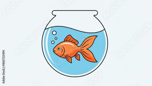 A vibrant orange goldfish swims in a clear glass bowl filled with blue water and bubbles on a plain white background with fish bowl with pet