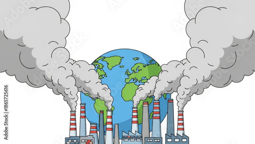 Industrial pollution and environmental impact with smokestacks emitting smoke around the earth with climate change and air pollution