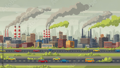 A busy cityscape with industrial smokestacks emitting pollution into a hazy sky above a highway with vehicles with environment with urban