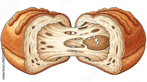 A highly detailed illustration of a cut loaf of bread showcasing its crusty exterior and soft interior texture with visible crumbs with food