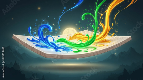 Vibrant colorful liquid splashes on a floating wooden board under a full moon with a dark mystical background with fantasy and magic