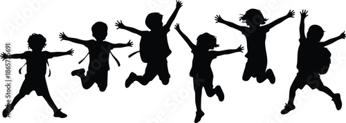 Jumping Children Silhouettes, Joyful Group of Kids Celebrating, Silhouette of Happy Students with Backpacks, Playful Childhood Motion Graphic, silhouette, illustration, vector.
