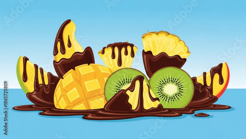 A vibrant arrangement of fresh fruit slices including kiwi and banana covered in rich chocolate on a blue background with dessert with sweet