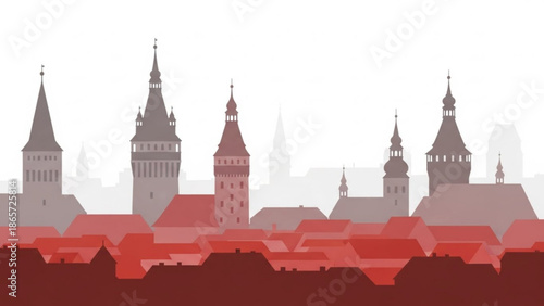 Illustration of a medieval european cityscape with red roofs and tall towers, spires, and steeples in shades of brown and gray with urban