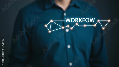 Man interacts with digital workflow concept on dark blue background