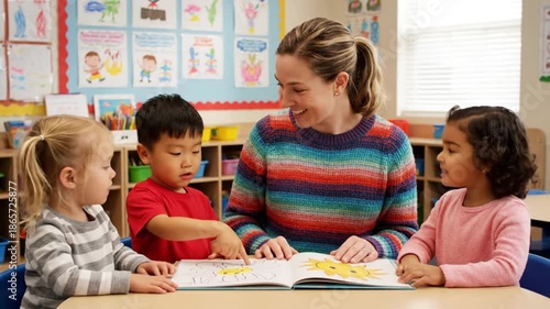 Teacher reads storybook to diverse group of preschool children in classroom