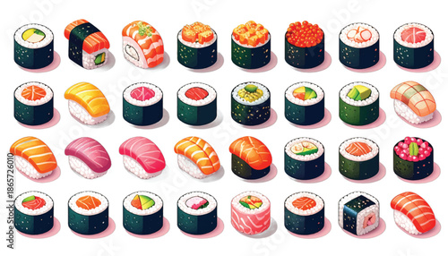 Assortment of Sushi Rolls and Nigiri in a Colorful Display.