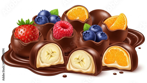 Chocolate covered fruit dessert with strawberries blueberries raspberries bananas oranges on a white background sweet food with strawberry