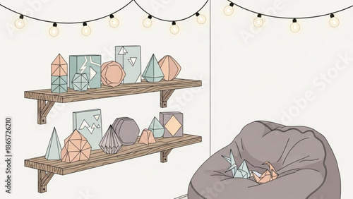 A cozy room with a bean bag chair and wooden shelves filled with geometric crystal decorations under warm string lights with interior design