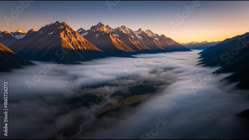 Mountain range landscape with mist covering the valley at sunrise