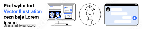 Web design, graphic tools, communication apps, cybersecurity, creative processes, interface design. Minimalist monitor with shield icons, pen tool chat window. Web design and graphic tools concept
