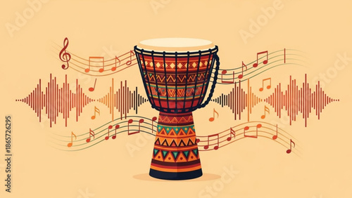 Vibrant african djembe drum with colorful patterns and musical notes on a warm background with instrument and patterned and rhythmic