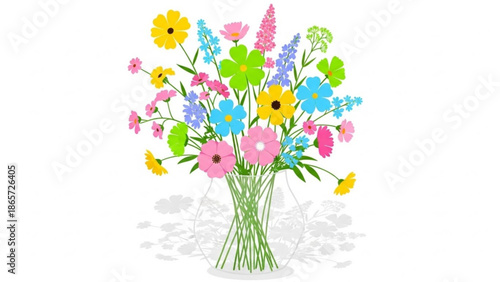 Colorful bouquet of assorted flowers in a clear glass vase on white background with butterflies flying around, vibrant floral with spring
