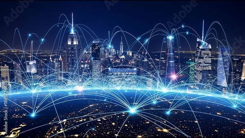 Network connections over cityscape at night digital communication concept