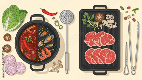 Traditional hot pot with two types of broth served alongside a grill with raw meat, seafood, and vegetables on a beige background.