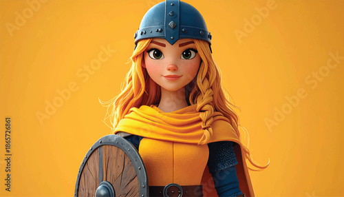 Cartoon Viking Girl with Shield and Helmet on Yellow Background.