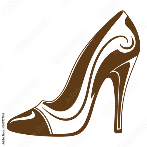 Vintage Brown high heel shoe with white details in elegant curved lines isolated on white background