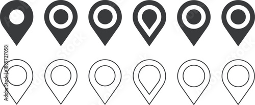 Eight location pins with concentric circles in black and white