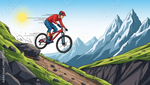 Man riding mountain bike on rocky trail with snow capped mountains in background on sunny day with cycling and outdoor activity with sport