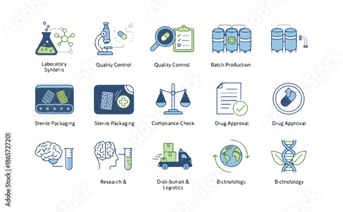 Science and technology icons set with pharmaceutical laboratory and research symbols
