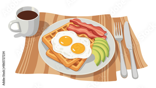 Hearty breakfast featuring fluffy waffles topped with fried eggs, crispy bacon, sliced avocado, and a steaming cup of black coffee on a placemat.