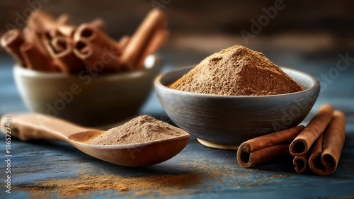 A cinnamon powder on a spoon, Surrounded by cinnamon sticks with a ceramic bowls with cinnamon powder on rustic table with blurred kitchen background