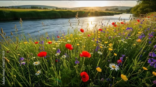 Scenic river flowing through vibrant wildflowers under bright sunlight