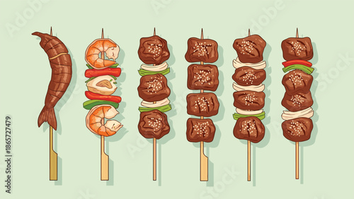 Assortment of grilled skewers featuring juicy beef cubes, fresh shrimp, bell peppers, and onions arranged on a light green background.