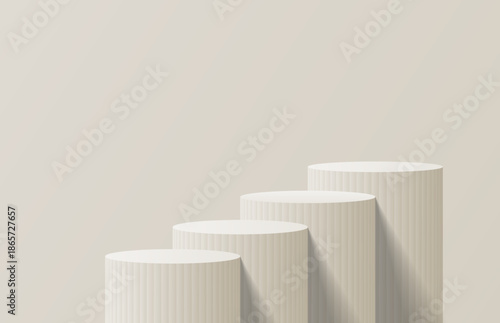 Realistic luxury four steps cream 3D cylinder podium pedestal wall background. Minimal wall scene for shows cosmetic product. Vector geometric form design. Stage for showcase. 3D vector rendering.