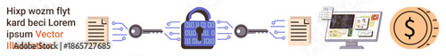 Cybersecurity, encryption, financial transactions, digital security, data protection, secure systems. A padlock connects files to a digital interface and a coin. Cybersecurity and data protection
