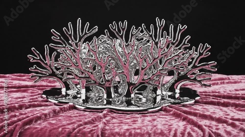 Close-up of a pink and silver decorative coral centerpiece on a velvet tablecloth against a black background.