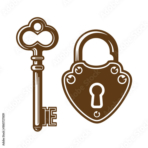 Vintage Brown key and padlock on white background for security and access concepts