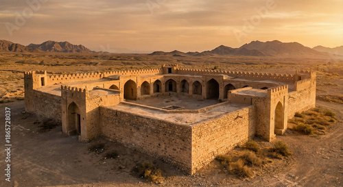 Traditional Ancient Persian Fortress with Mud-Brick Walls and Turrets at Golden Hour

